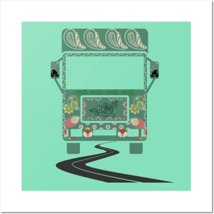 Green truck art motif illustration with paisley design pattern Posters and Art